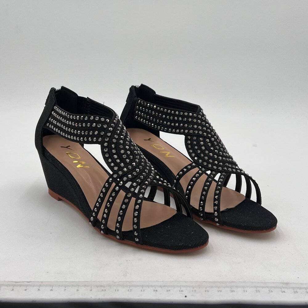 YDN Black Wedge Glitter Open Toe Rhinestones Cross Over Straps Mid Heel Sandals - Picture 4 of 8